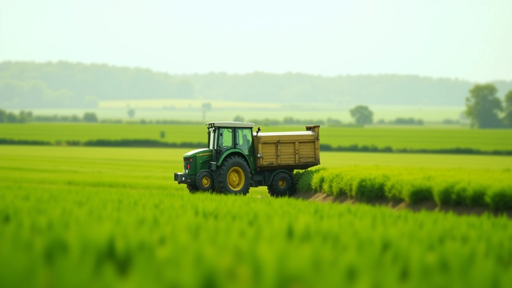 Champs agricoles français avec cultures verdoyantes, tracteur au travail, paysage rural typique de Provence ou Alsace