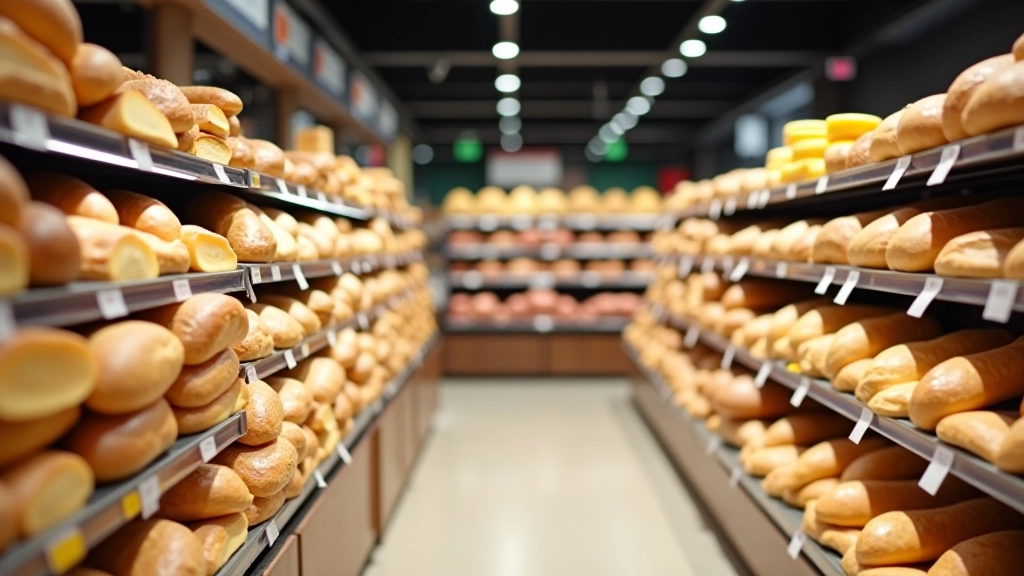 Rangées de produits alimentaires français dans un supermarché, pains charcuteries fromages