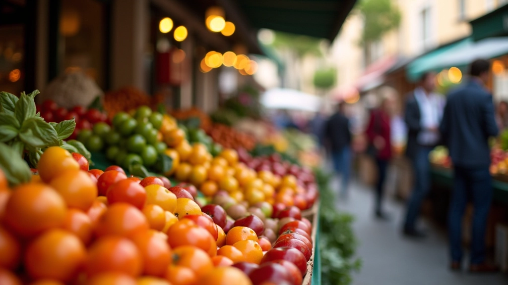 Marché fermier avec étalages de fruits et légumes frais, clients en train de faire leurs courses